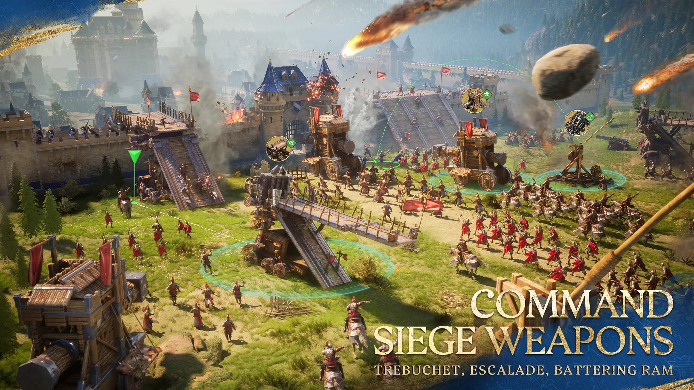 Age of Empires Mobile battlefield showing five distinct troop formations and siege weapons