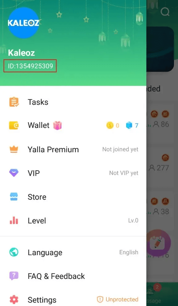 Yalla Live app balance showing Gold and Diamonds