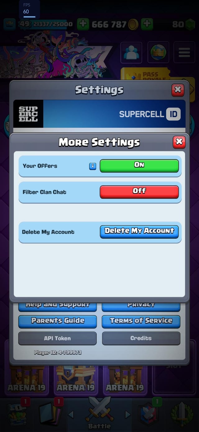 Clash Royale in-game settings screen displaying the high frame rate toggle