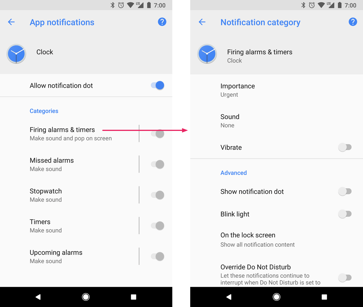 Android notification channel category settings list