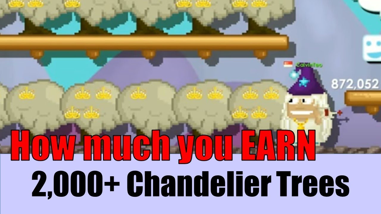 Chandelier trees growing in a player farm world in Growtopia