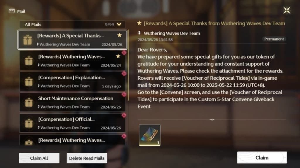 In-game mailbox in Wuthering Waves displaying system compensation and redemption code rewards with expiration timers