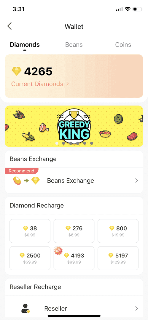 Bigo Live diamond packs and recharge bonuses interface