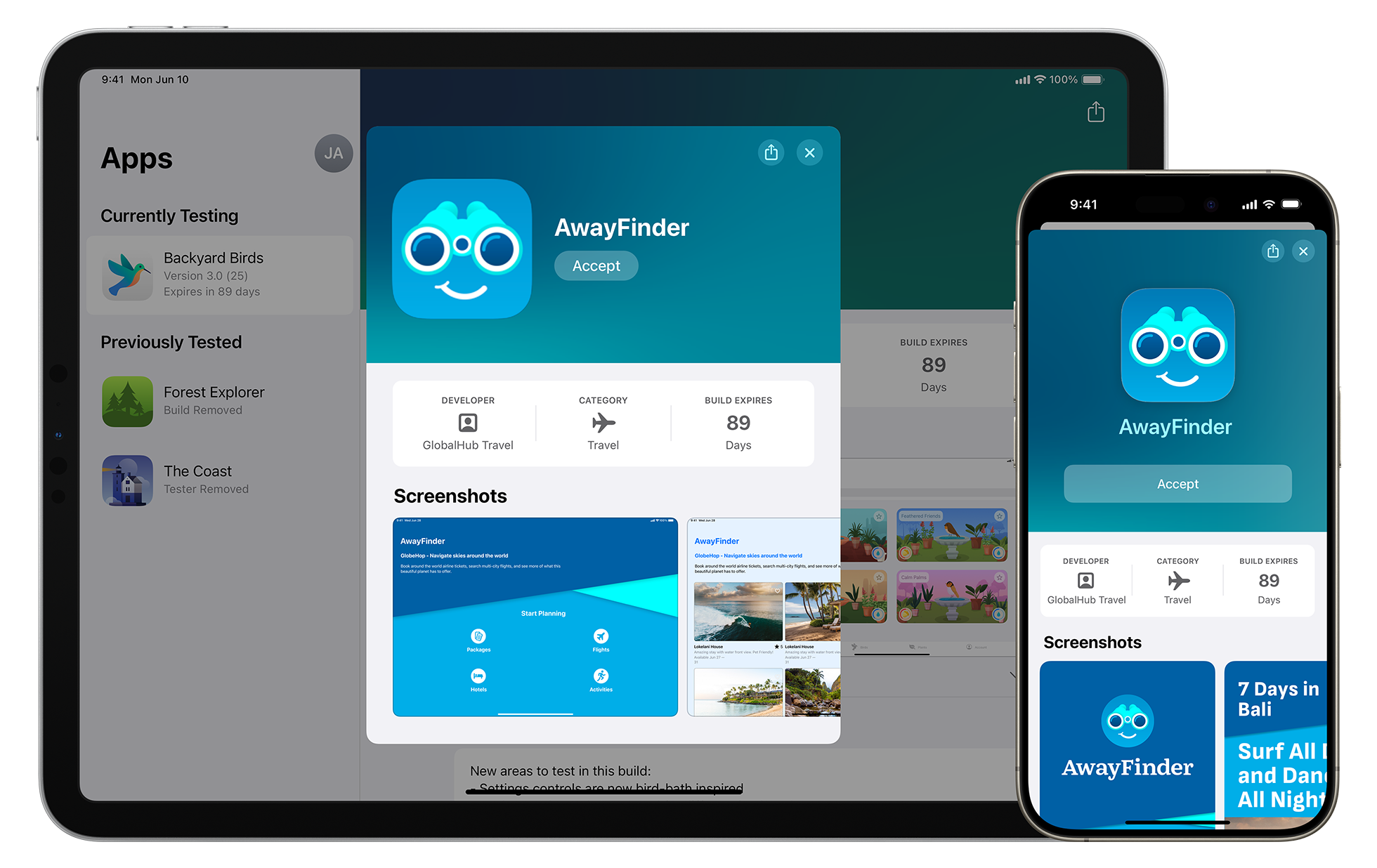 TestFlight preview client interface showing early build testing for New State Mobile