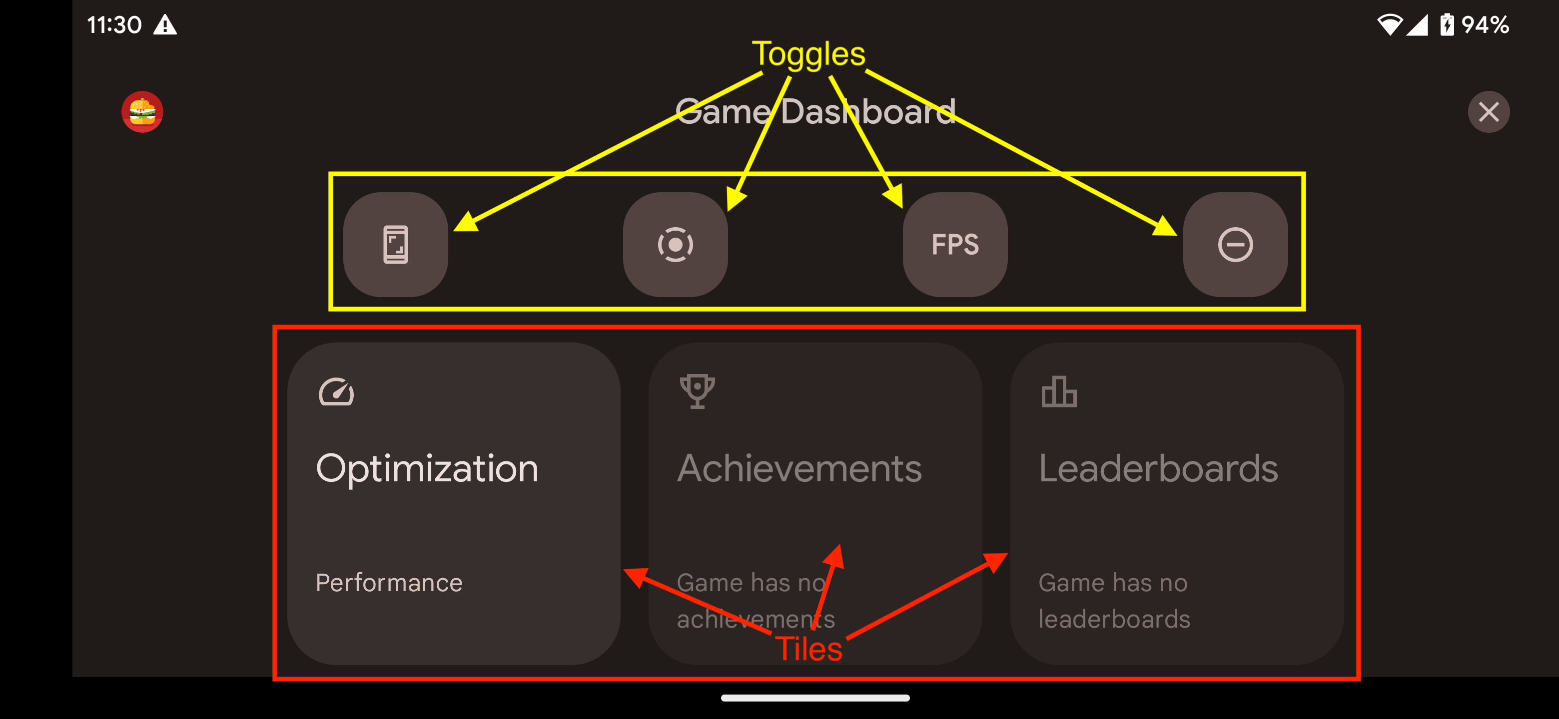 Android's Game Dashboard showing a live FPS counter over a running game