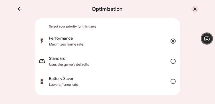 Android system Game Mode menu showing performance and battery options