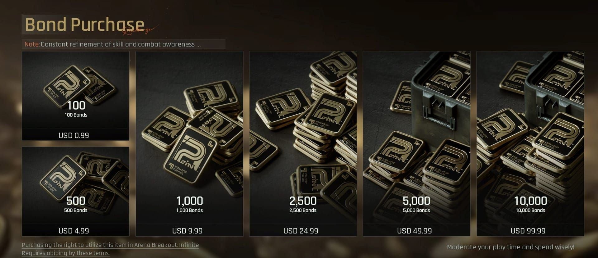 Arena Breakout in-game store showing different bond packages and bonus tiers