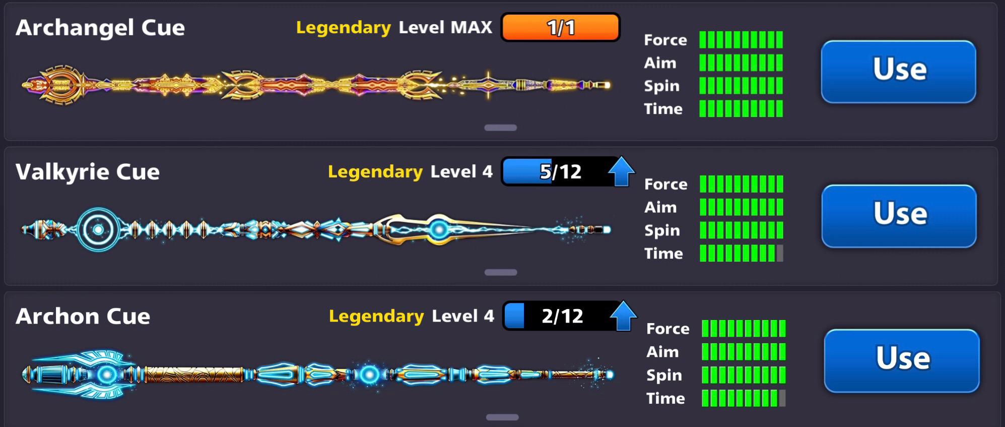 Archangel Cue stats display in 8 Ball Pool cue collection menu
