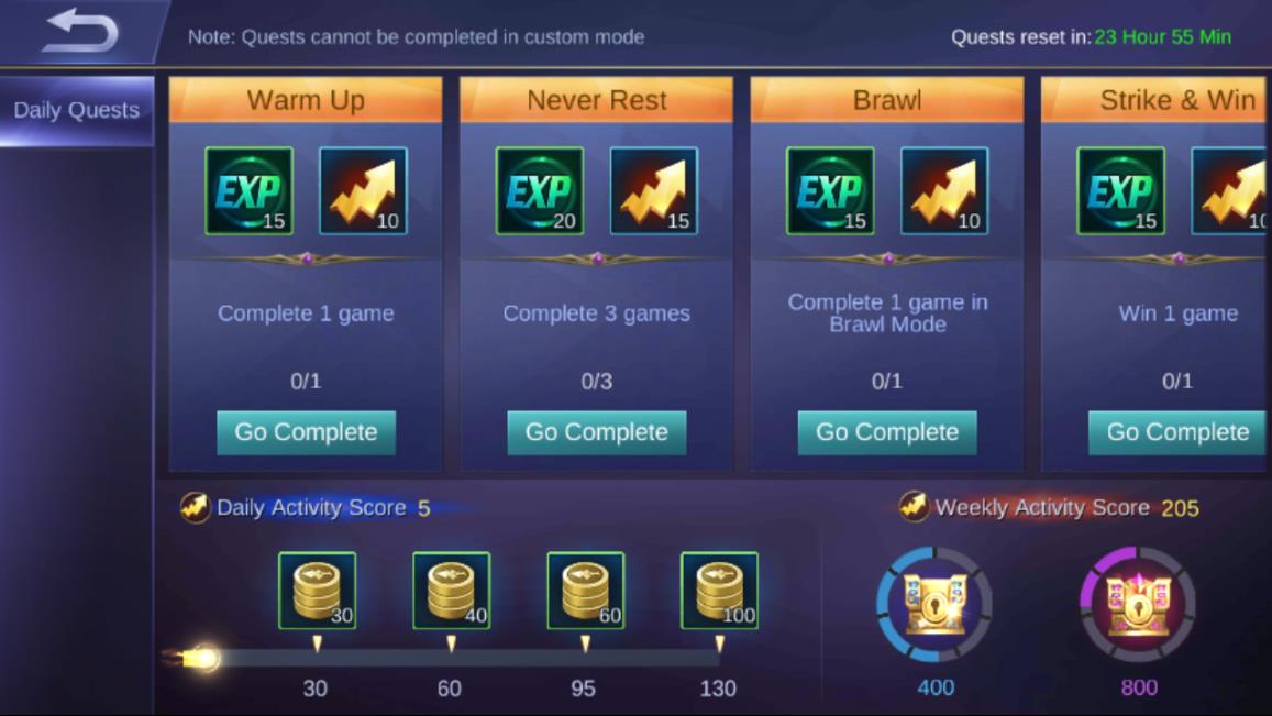 Mobile Legends Bang Bang daily quest tasks and activity chest rewards