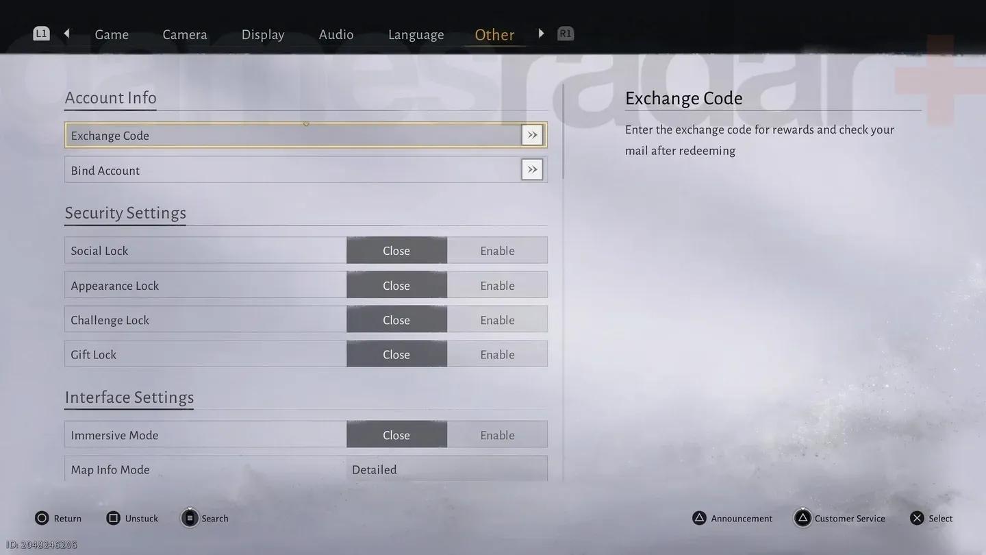 In-game settings screen showing the Other tab and Exchange Code redemption field