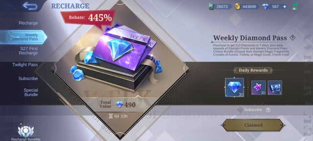 Mobile Legends Weekly Diamond Pass screen showing 80 instant diamonds and daily 20 diamond rewards
