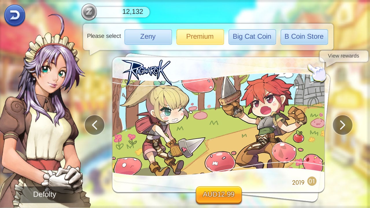 Ragnarok M Eternal Love monthly premium pass screen with farming and auction perks