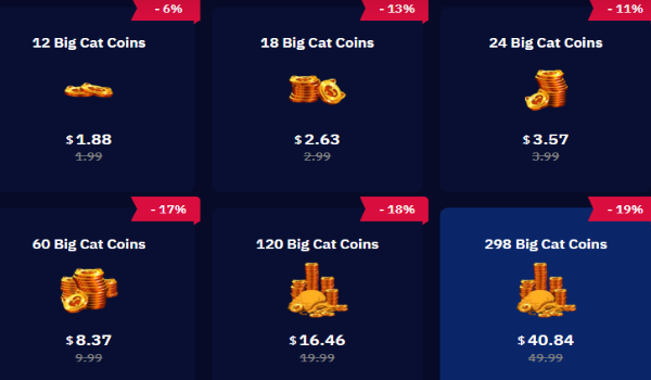 Ragnarok M Eternal Love shop showing Big Cat Coins packages and prices