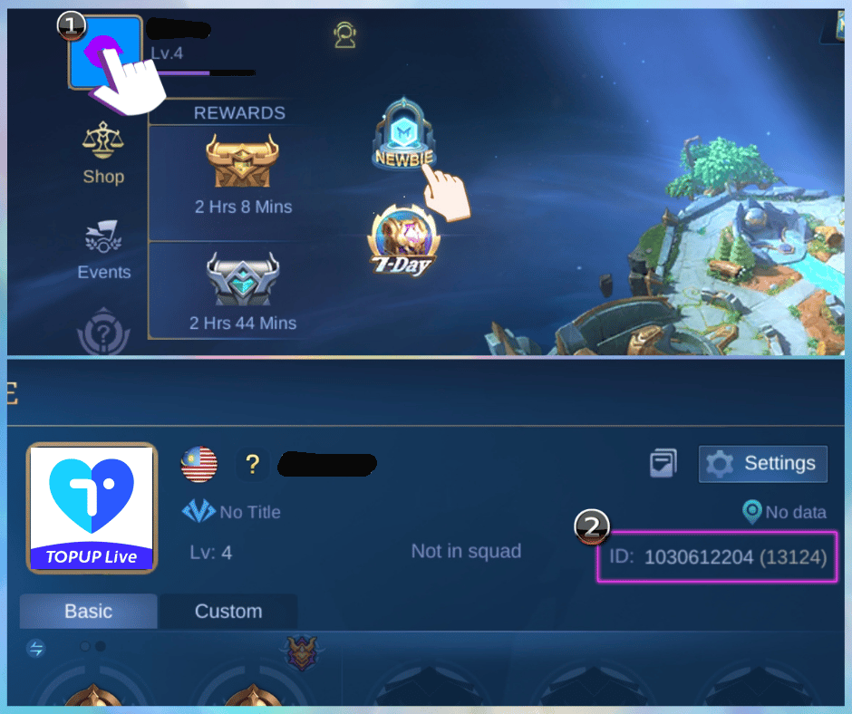 Mobile Legends profile screen highlighting the User ID and Zone ID in parentheses
