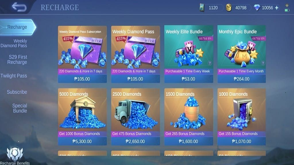 Mobile Legends Bang Bang direct diamond recharge bundle menu