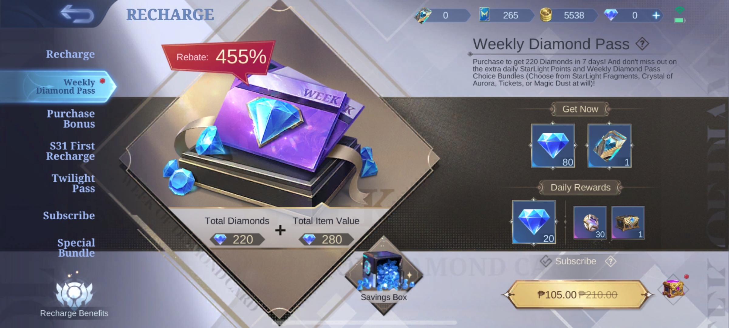 Mobile Legends Bang Bang weekly diamond pass subscription interface
