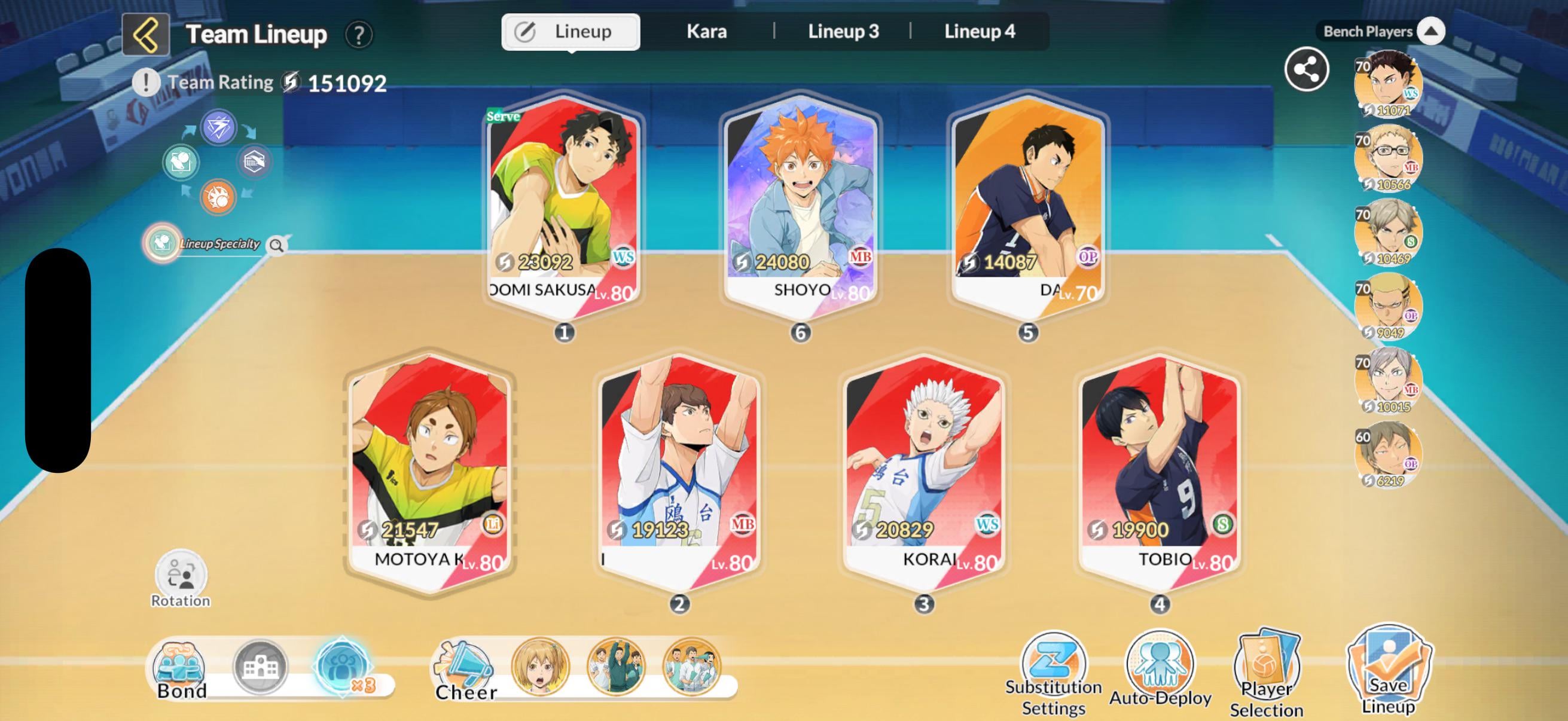 Karasuno High team lineup with active school bond buffs on court