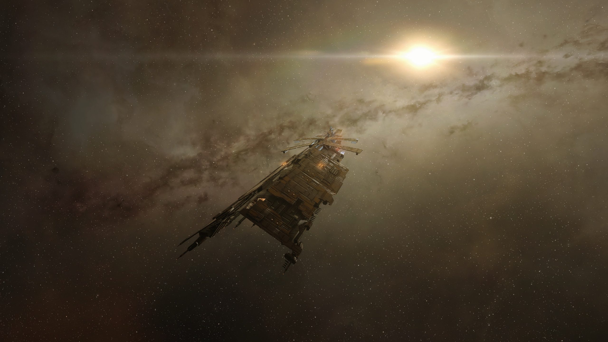 Minmatar Nidhoggur capital carrier warping through a planetary orbit