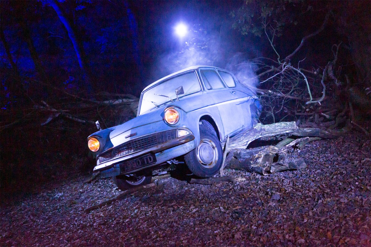 The Flying Ford Anglia parked in the Forbidden Forest collecting idle rewards in Harry Potter Magic Awakened