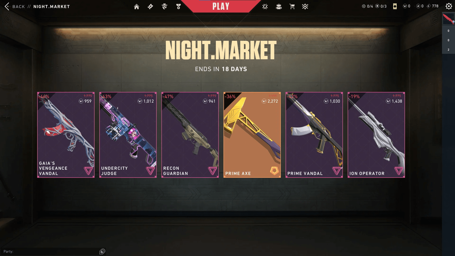 Valorant Night Market interface displaying six discounted weapon skins