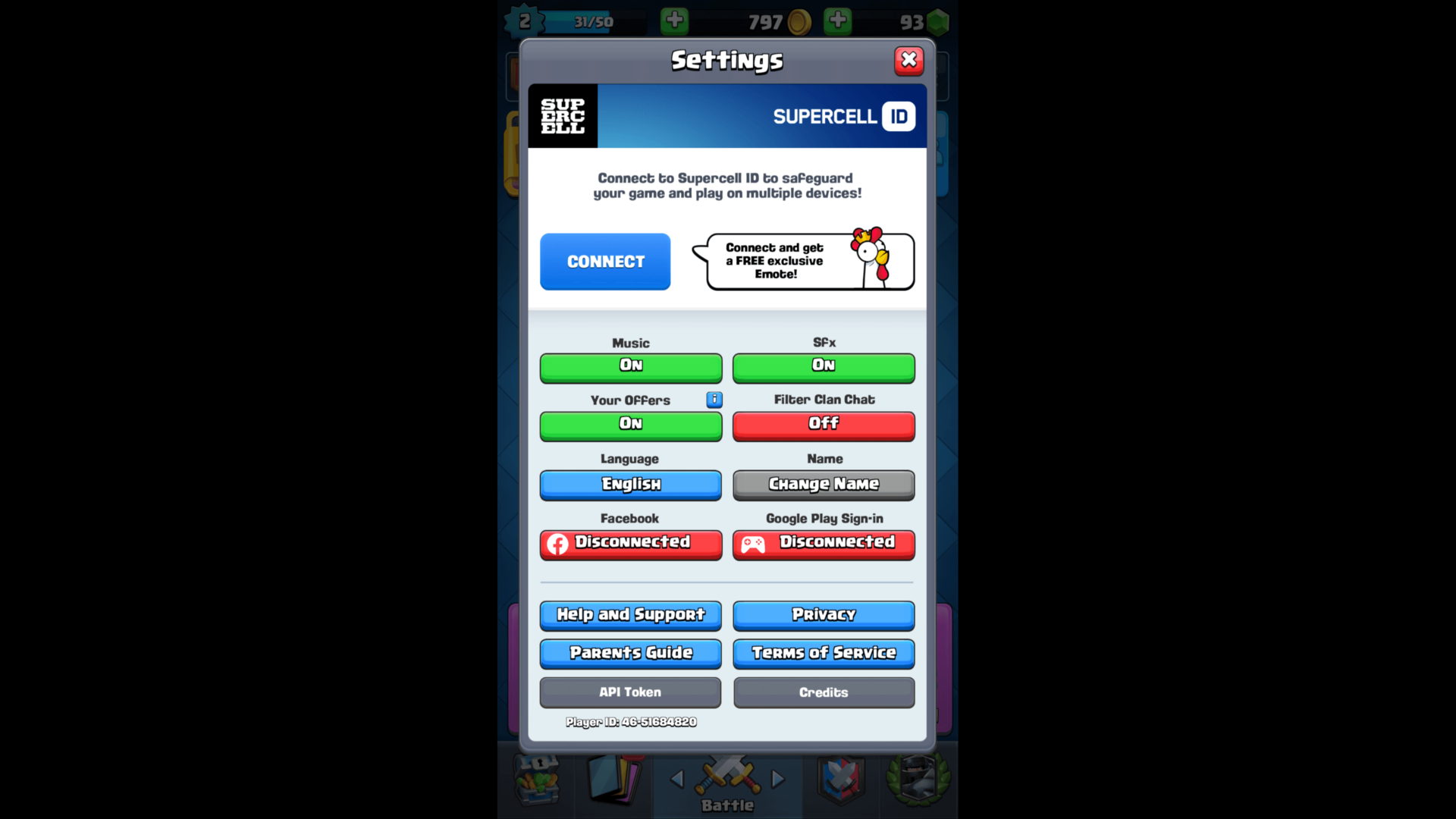 Clash Royale settings menu showing graphics quality and visual effects toggles