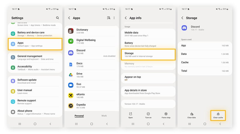Android app settings menu highlighting storage and clear cache options