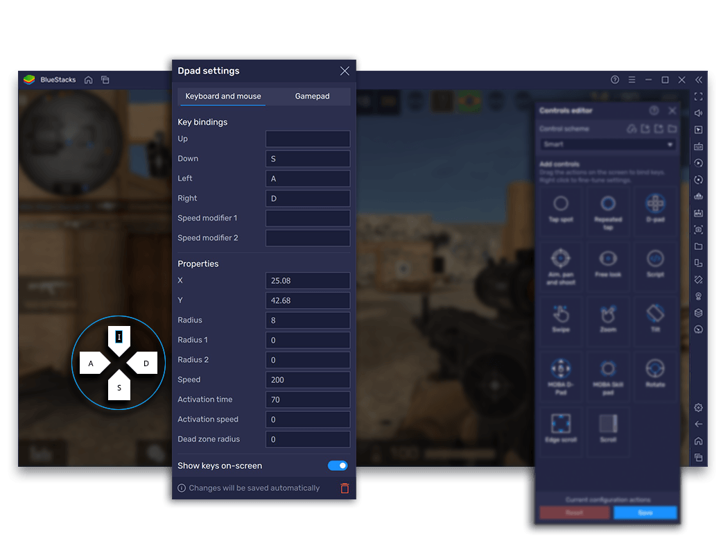 BlueStacks emulator control scheme editor focusing on mouse sensitivity and Y-axis ratio
