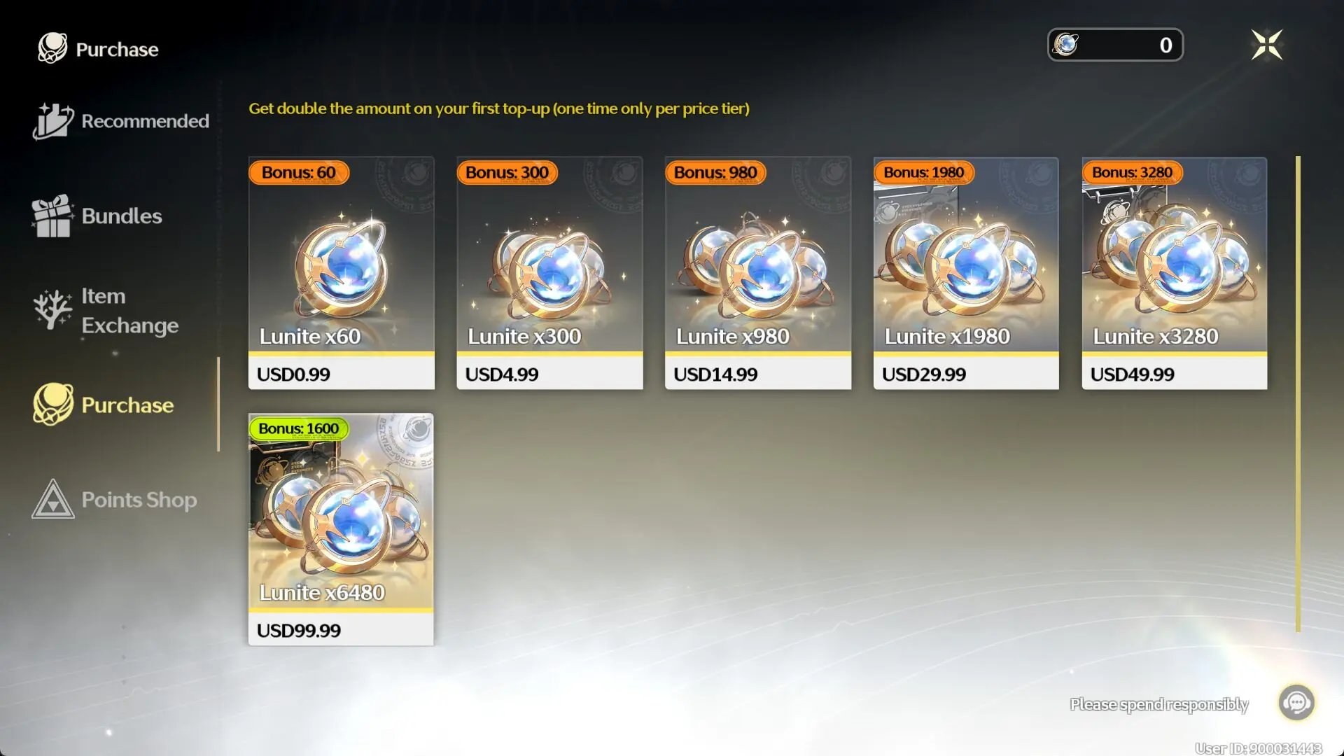 In-game Lunite purchase screen showing pack prices and first-time bonus labels