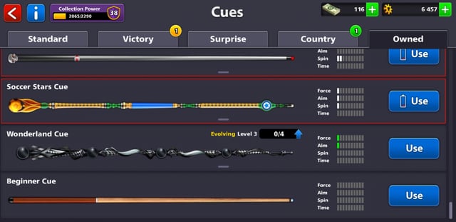 Maxed evolving cue showing 10-10-10-10 statistics and cue collection points