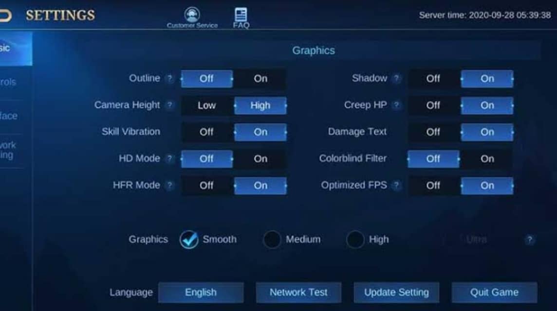 Orologio di sistema e impostazioni del server di Mobile Legends