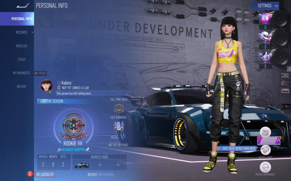Ace Racer profile menu showing the User ID used for a token top-up