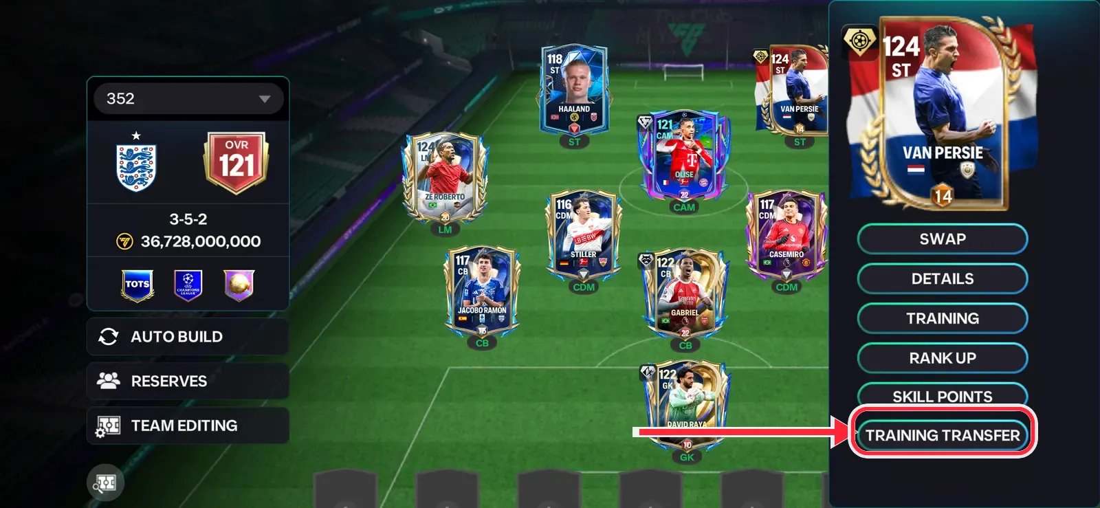 FC Mobile squad player training XP transfer screen