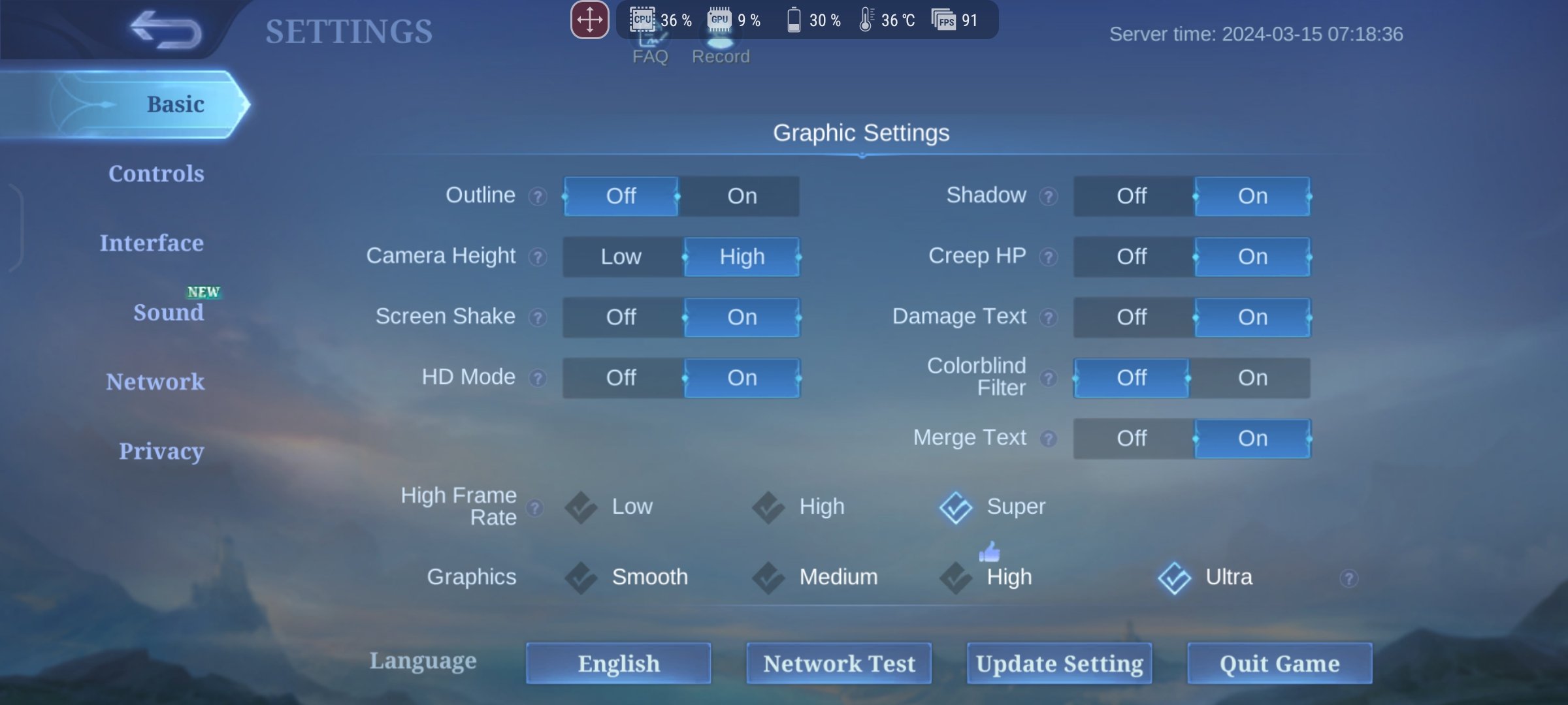Mobile Legends Einstellungsmenü mit Serverzeit-Anzeige