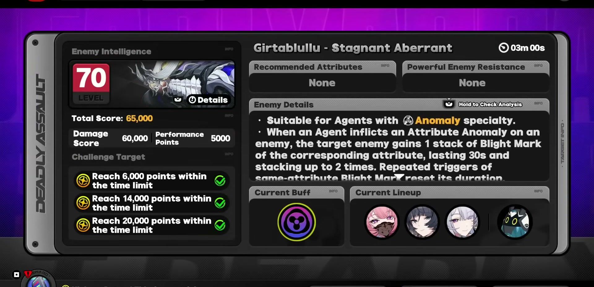 Zenless Zone Zero Deadly Assault stage intel Girtablullu score targets