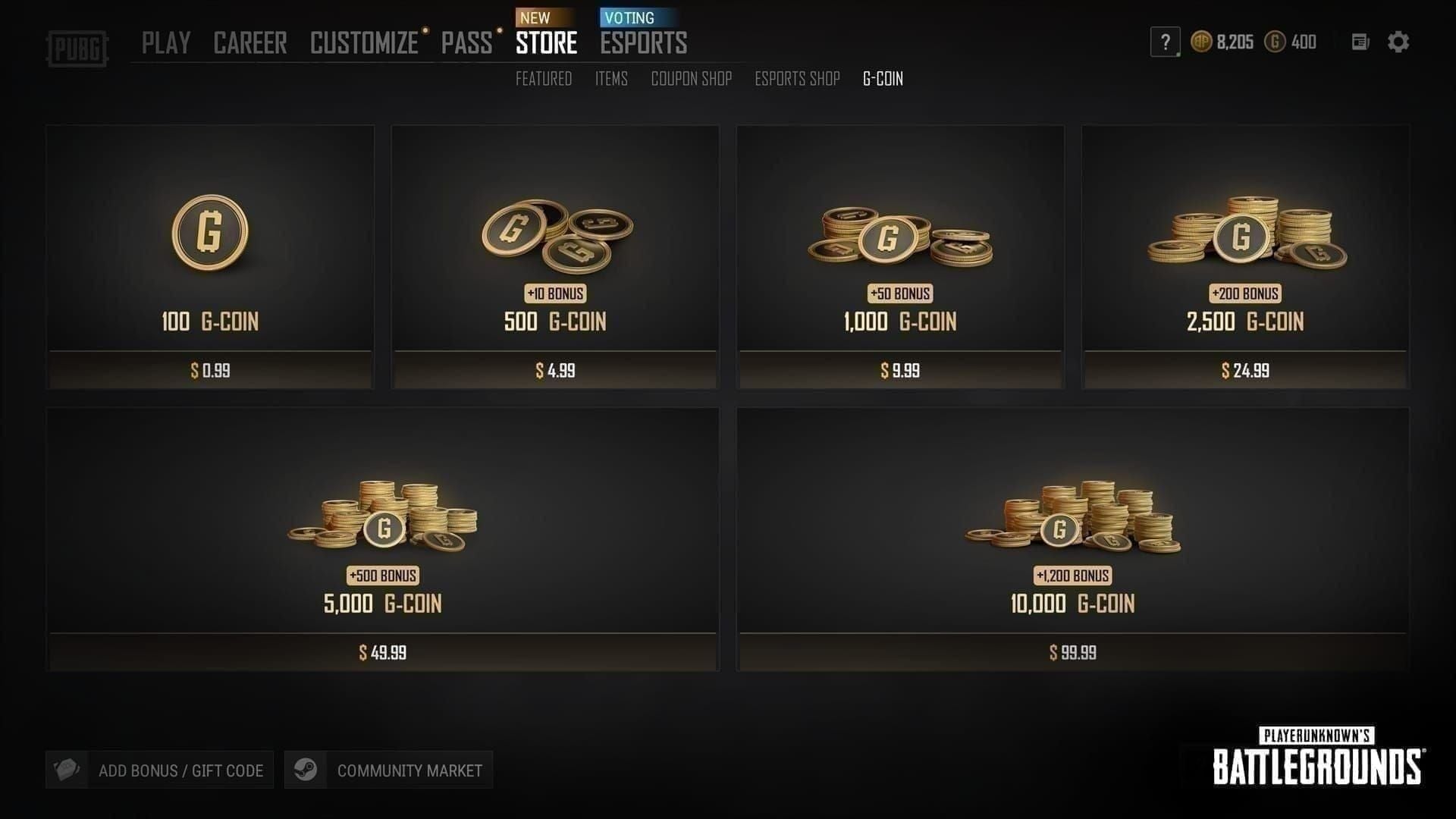 PUBG in-game store menu showing baseline and milestone G-Coin package tiers