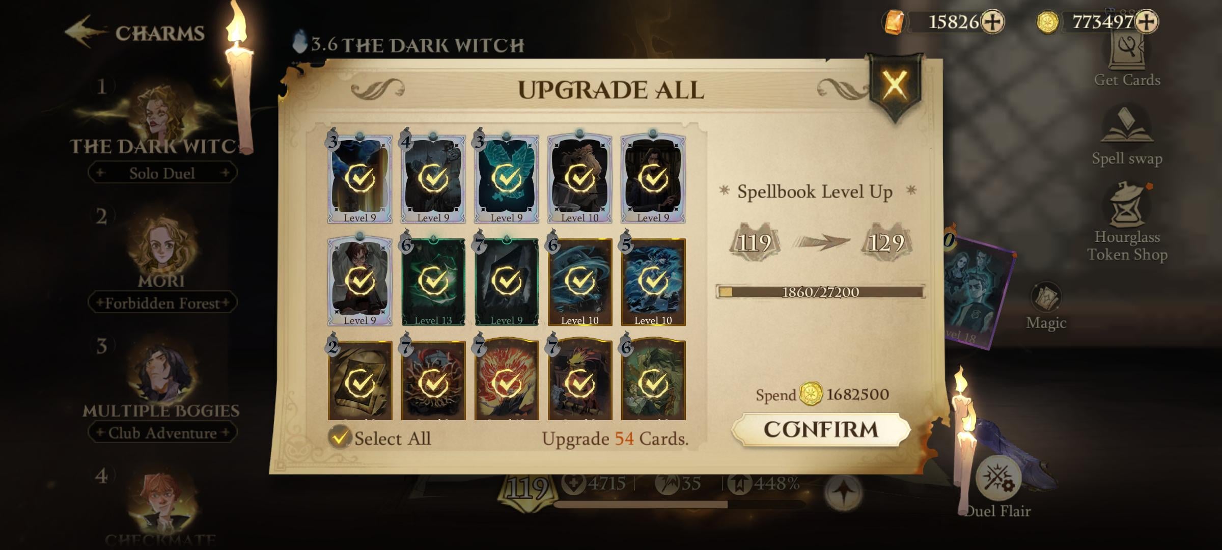 Player upgrading spell cards in Harry Potter Magic Awakened showing duplicate requirements and gold costs
