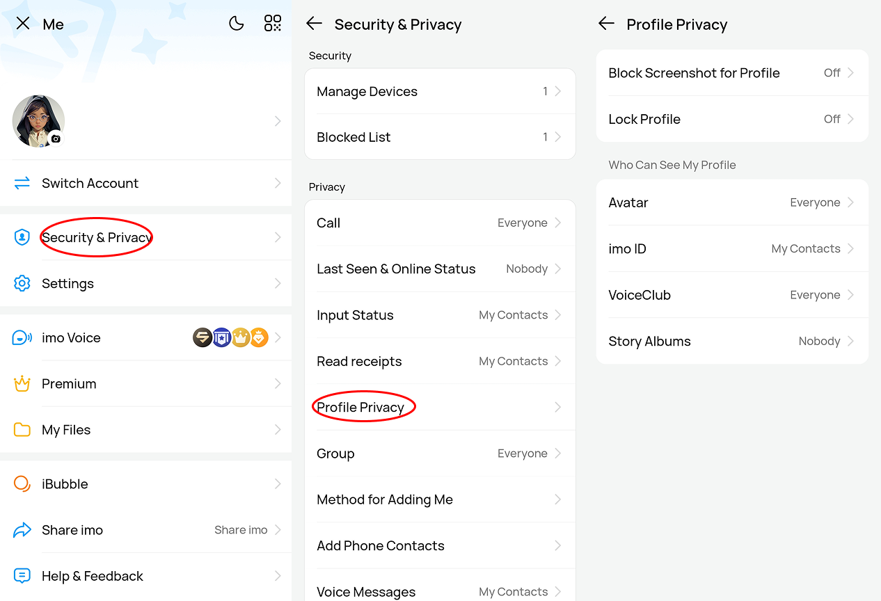 IMO settings menu displaying IMO Premium subscription tier features