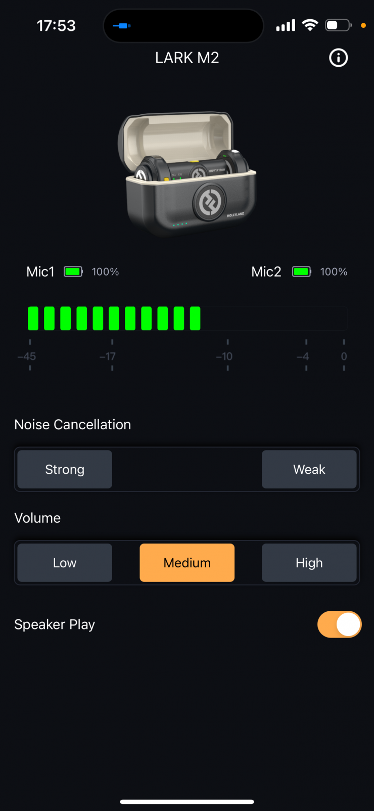 Hollyland wireless microphone input gain control interface
