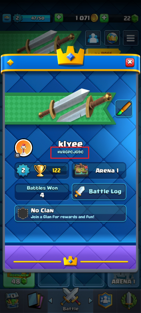 Clash Royale profile screen displaying the location of the player tag for top up
