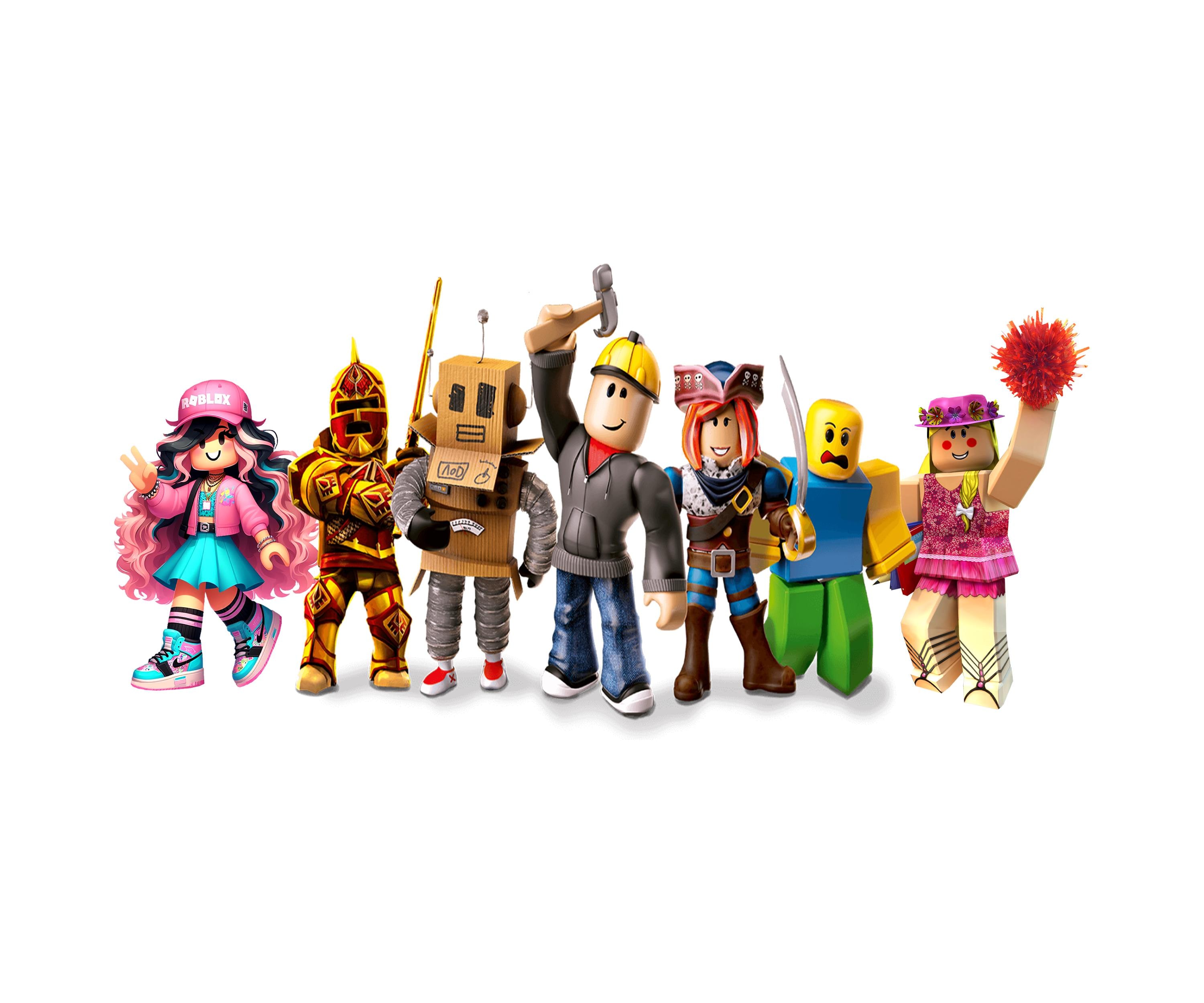 Colorful Roblox characters posed together in a bright 3D plaza