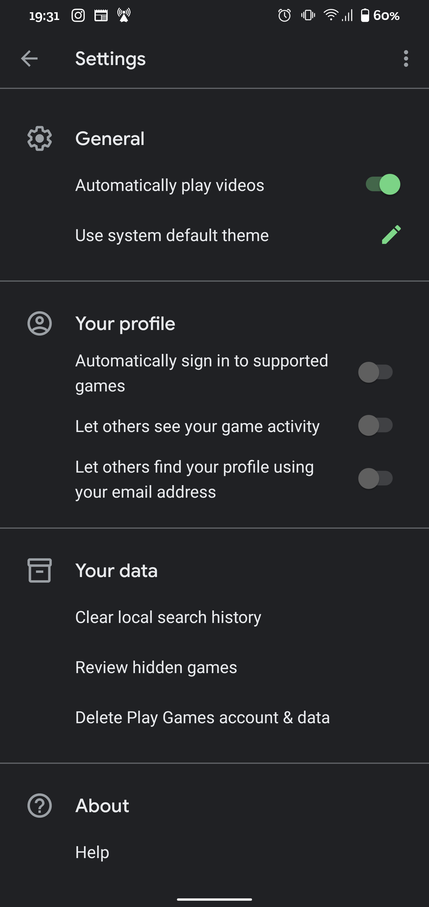 用于管理登录账号的 Android 系统 Google Play 游戏设置界面