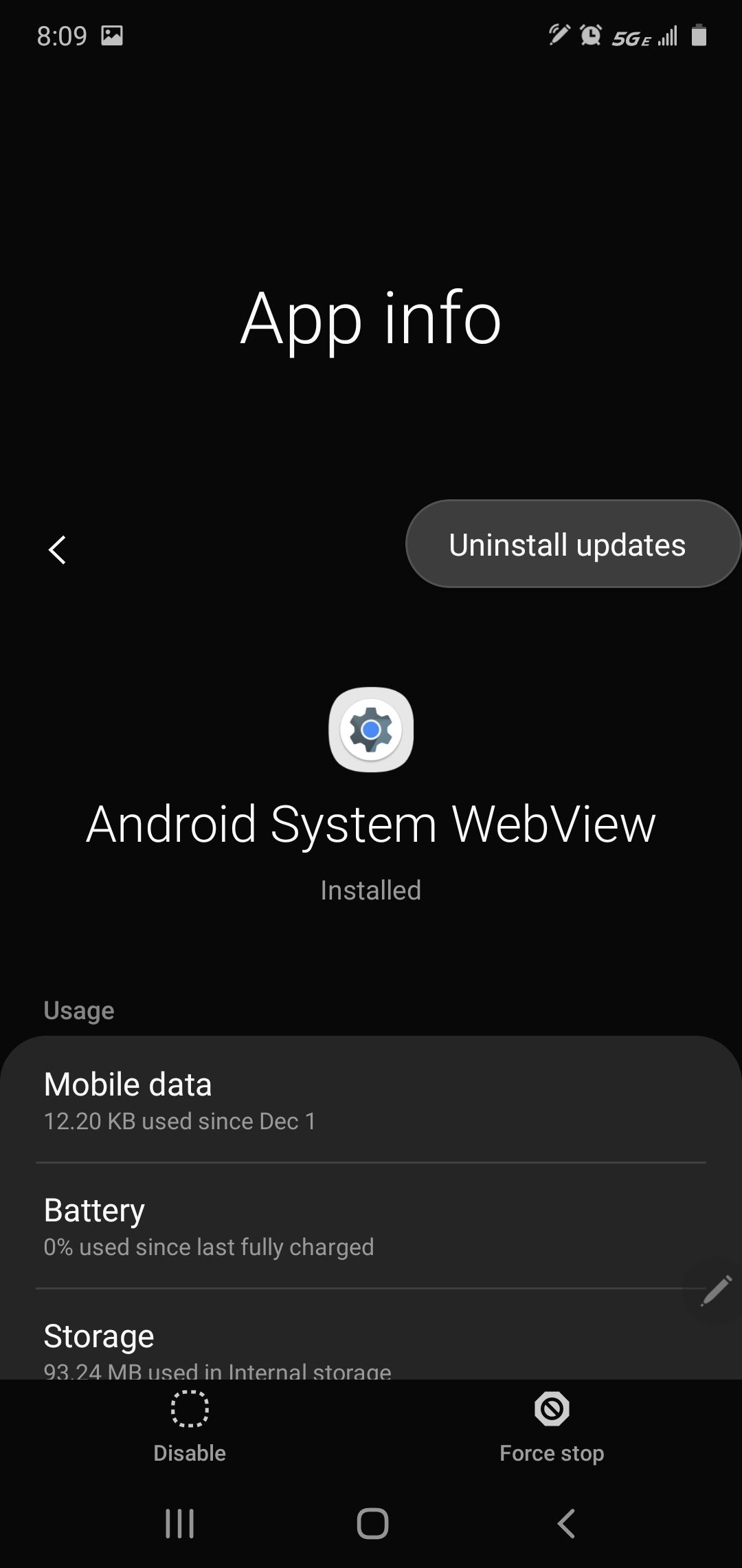 Android device application settings menu showing the uninstall updates option for Android System WebView