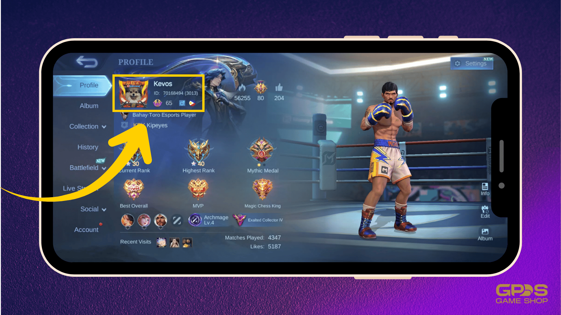 Player profile interface in Mobile Legends Adventure highlighting Account ID and Server ID