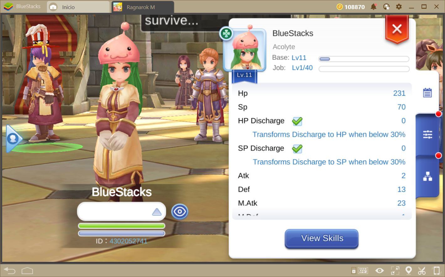 شاشة الملف الشخصي للاعب في Ragnarok M Classic تعرض معرف الشخصية الرقمي فوق مستويات Base وJob