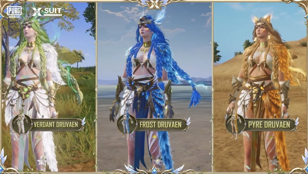 Druvaen X-Suit showcasing its three distinct elemental forms in PUBG Mobile