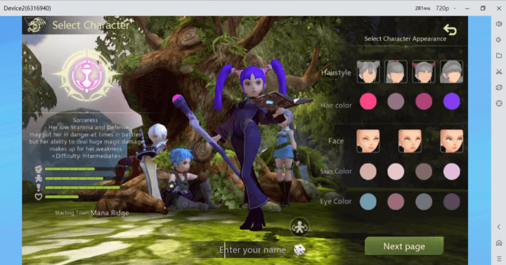 Dragon Nest M Classic class creation screen showing Warrior, Archer, Cleric, and Sorceress options