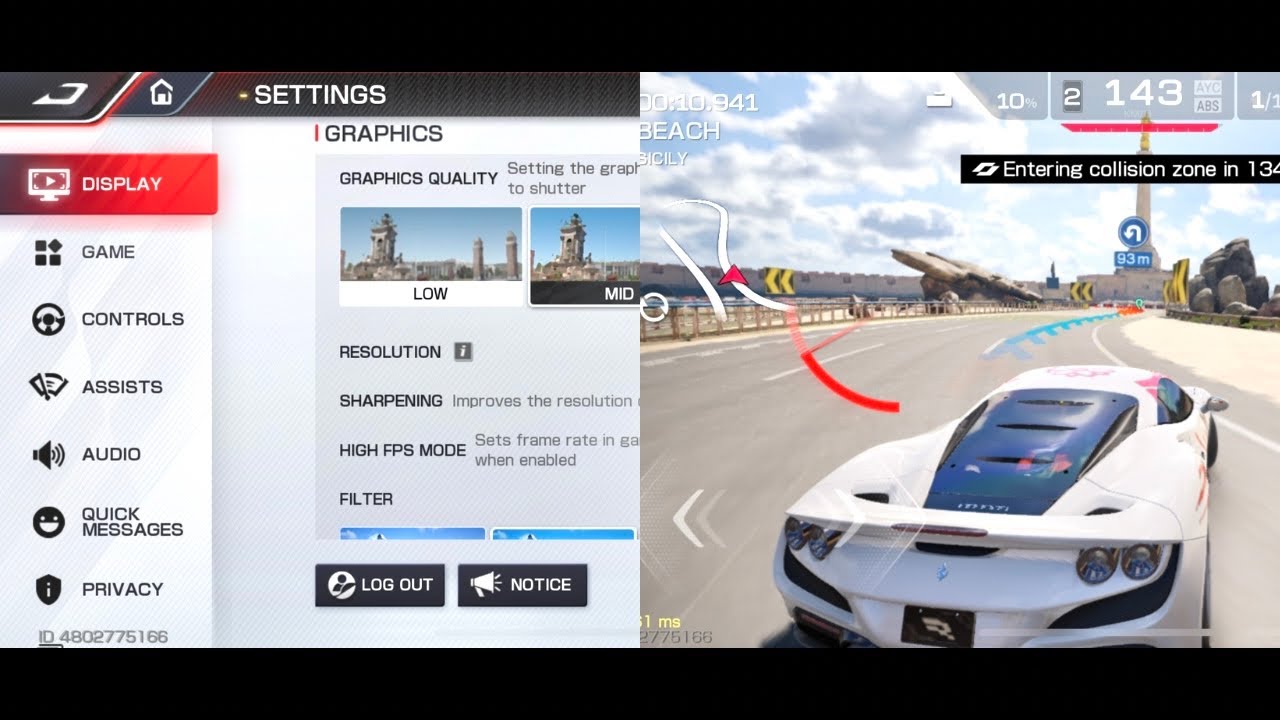 Menu tetapan sistem Racing Master yang memaparkan storan peranti dan konfigurasi grafik