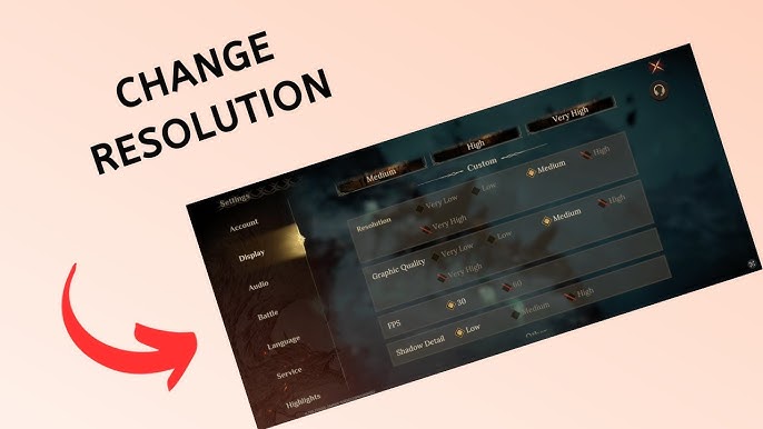 In-game graphics settings interface displaying display resolution and visual effect toggles