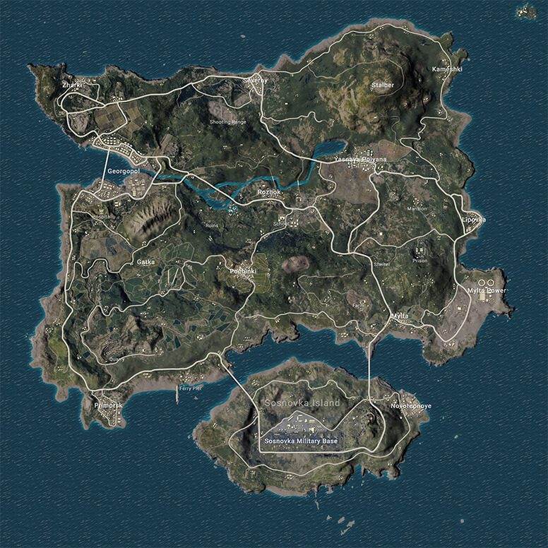 Aerial view of the Erangel map in PUBG Mobile