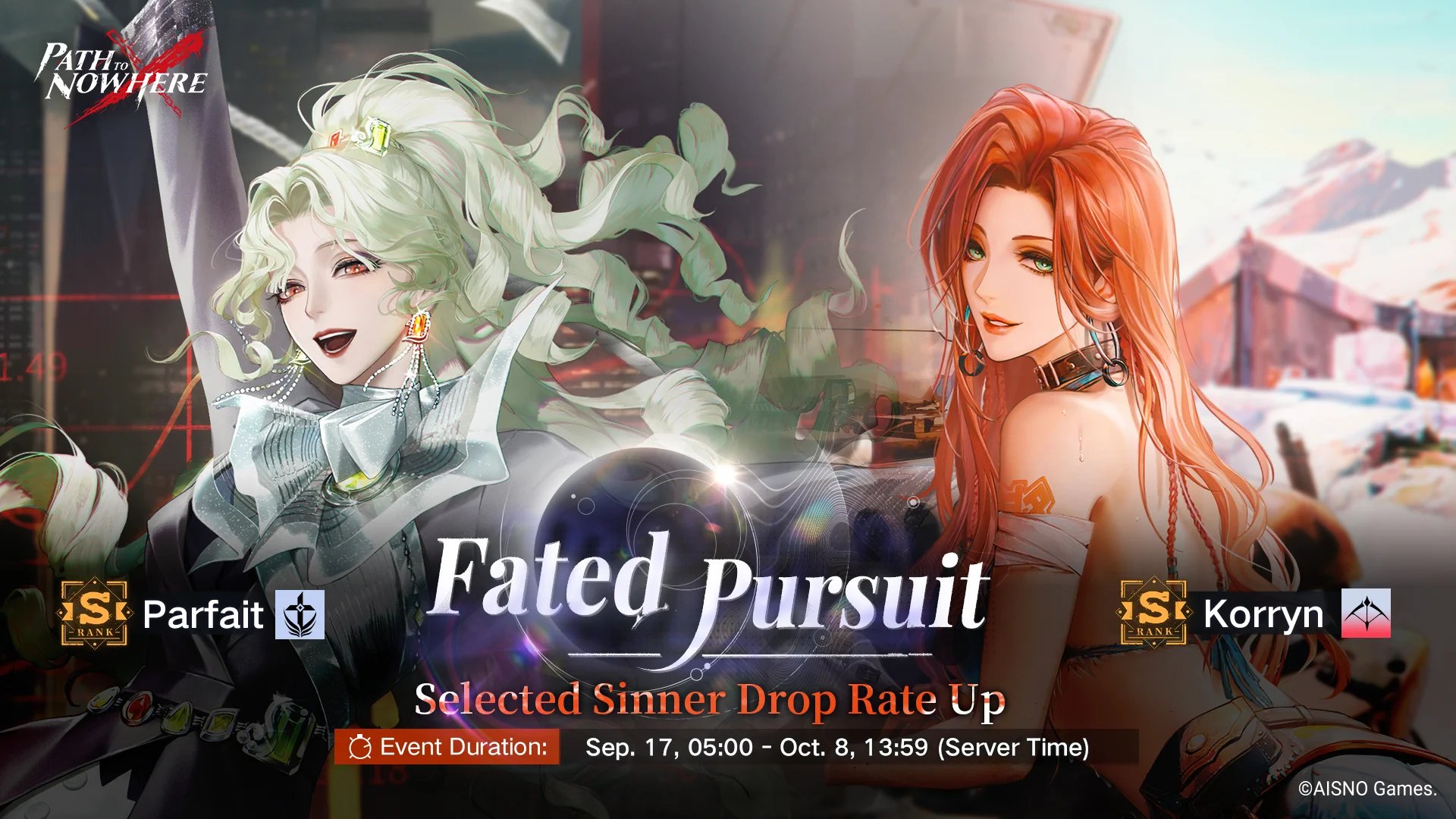 Path to Nowhere Fated Pursuit Directional Arrest banner art showing Parfait and Korryn